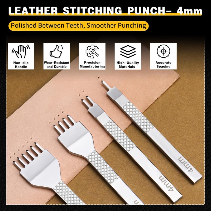 MORFEN Leather Stitching Punch Hole Punch Tool Set, 4mm 1/2/4/6 Prong Punch Chisel, Round Hole Punch for Belt, Watch Band, Leather Strap DIY Crafts - Image 3